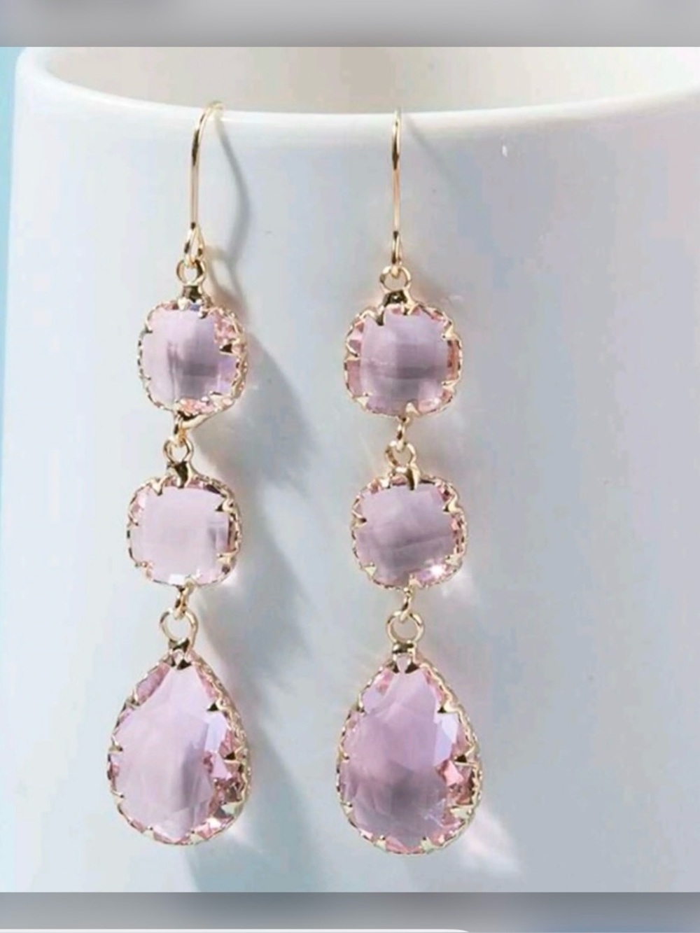 🆕-Bezel Set Blush Dangle Earrings Elegant Pink Crystal Drop Earrings